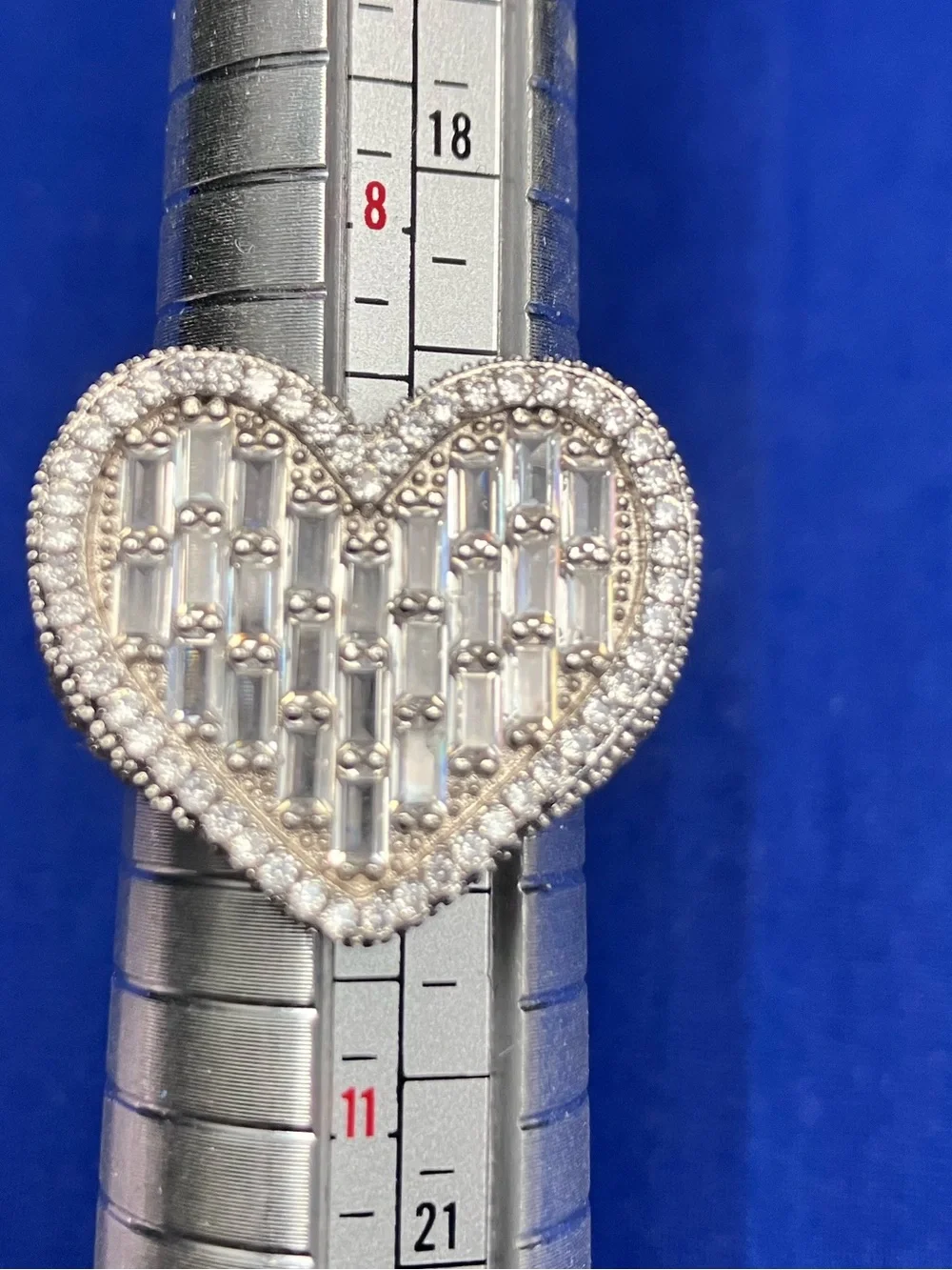 Size 9 Baguette Moissanite Heart Ring with matching Stud Earrings